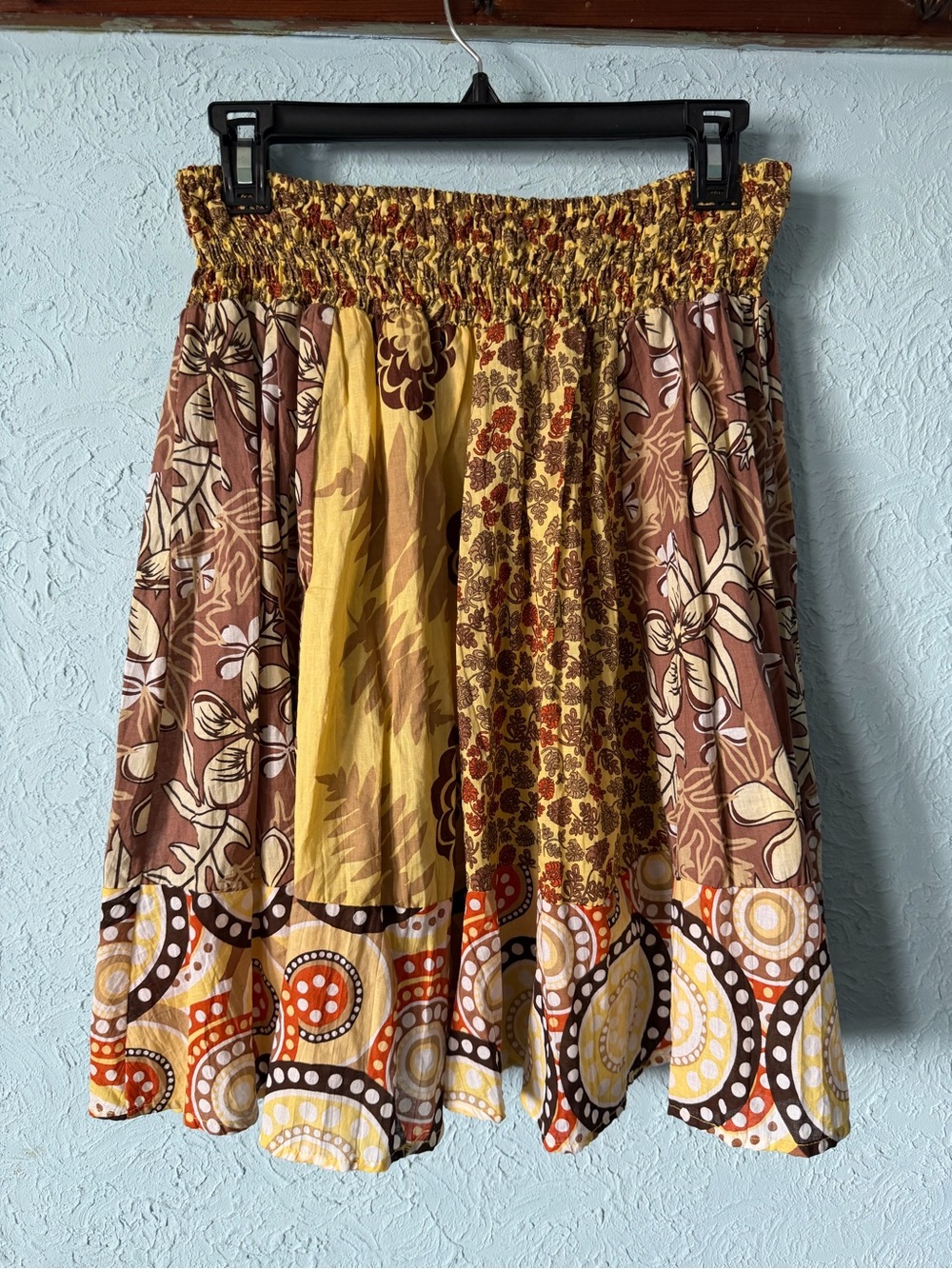 100% Cotton Boho Patchwork Circle Skirt in Brown & Mustard